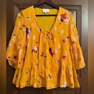 Sezane Anita Mustard Yellow Floral & Metallic Silk Top Blouse
